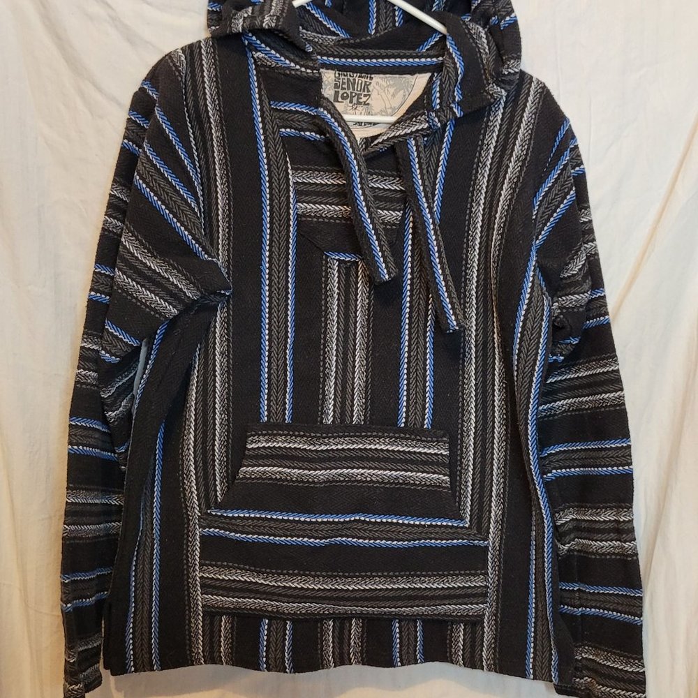 Senor Lopez Baja Hoodie Blue Black Gray Hooded Size Med Front Pocket Stripes